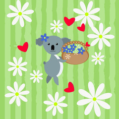 Cute vector card with koala and basket with a flower basket, grass and daisies on striped background.