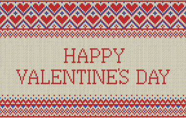 Seamless pattern on the theme of holiday Valentine's Day with an image of the Norwegian and fairisle patterns. Inscription Happy Valentine's Day on a light background. Vector Illustration.
