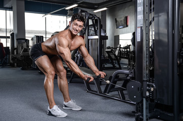 Obraz na płótnie Canvas Handsome bodybuilder training in the gym sexy man lift dumbbells