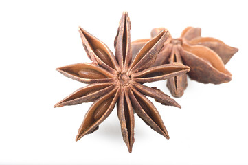 Star anise spice fruits and seeds on white