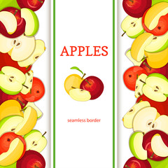 Apple vertical seamless border. Vector illustration fruit coposition Yellow red and green apples fruits whole and slice appetizing looking for packaging design of juice breakfast, healthy eating