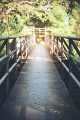 A long walking way on the bridge with green nature background