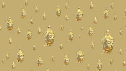 many small golden buddha heads in a pattern