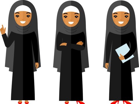 Set of cartoon different arab business woman in flat style.