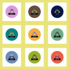Collection of stylish vector icons in colorful circles building cemetery
