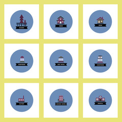 Collection of stylish vector icons in colorful circles different kinds of buildings