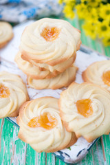 Home-made cookies of kurabie with apricot jam
