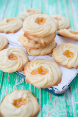 Home-made cookies of kurabie with apricot jam
