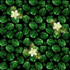 Seamless pattern of leaves monstera and exotic flowers. Dark green background with light blossoms.