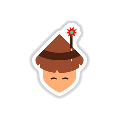 Vector illustration of Chinese new year celebration in paper sticker style Chinese man in traditional conical hat with sparkler