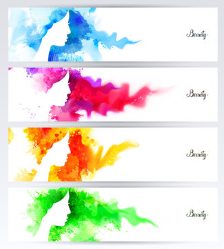 Beautiful abstract woman face silhouettes are on the abstract colorful watercolor backgrounds. Set of four headers for banners.