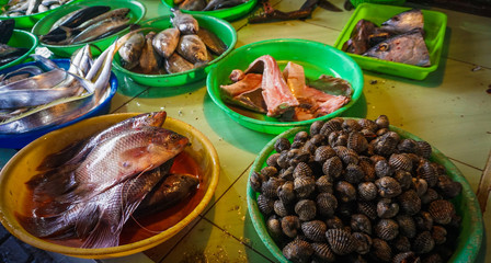Clams and fishes at fishmonger photo taken in Jakarta Indonesia