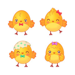 Chicks with bow-knots and bow-ties. Cute chickens vector set. Isolated on white background.