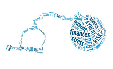 Debt word cloud in the shape of the chain ball