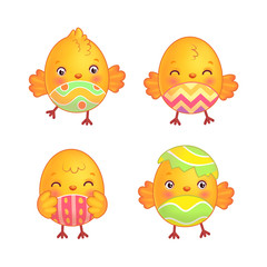 Easter chicks set. Cute easter chickens with painted belly. Isolated illustration on white background in vector.