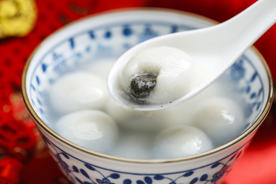 sweet rice dumplings in blue and white porcelain bowl,Chinese Lantern Festival