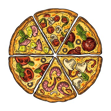 Set slice pizza Pepperoni, Hawaiian, Margherita, Mexican, Seafood, Capricciosa. Vintage vector engraving illustration for poster, menu, box.