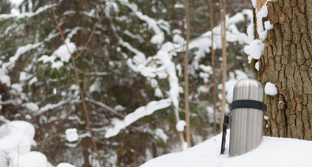 thermos of tea in the snowy forest