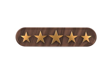 5 Gold star banner on wooden plinth isolated on white background