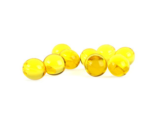 Cod liver oil omega 3 gel capsules on a white background