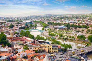 Tbilisi city panorama. Old city, new Summer Rike park, river Kura, the European Square and the...