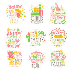 Fototapeta premium Kids Birthday Party Entertainment Promo Signs Series Of Colorful Vector Design Templates With Festive Symbols