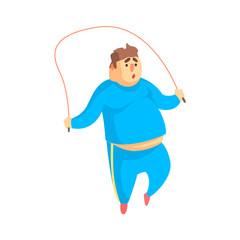 Obraz premium Funny Chubby Man Character Doing Gym Workout Jumping On Skipping Rope Illustration