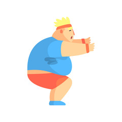 Funny Chubby Man Character Doing Sit Ups At Gym Workout Sweating Illustration