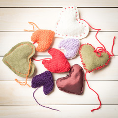Valentine's Day. Colorful knitted hearts. Valentines day. Heart pendant. Red heart. Handmade...