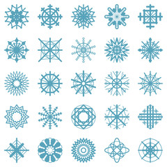 vector set of twenty five symbols of blue snowflakes - simply winter icons in flat design - isolated on white background