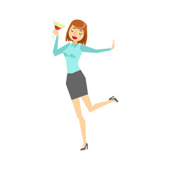 Woman In Office Clothes And Wine Glass Dancing, Part Of Funny Drunk People Having Fun At The Party Series