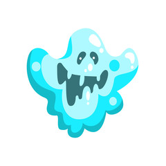 Blue Ghost In Childish Cartoon Manner Isolated On White Background.
