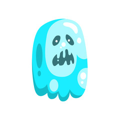 Blue Ghost In Childish Cartoon Manner Isolated On White Background.