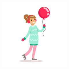 Happy Girl In Classic Girly Color Clothes Smiling Cartoon Character Walking With Balloon