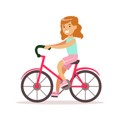 Fototapeta na wymiar Happy Girl In Classic Girly Color Clothes Smiling Cartoon Character Riding A Bicycle