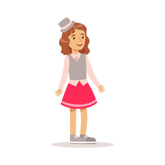 Happy Girl In Classic Girly Color Clothes And Grey Top Hat Standing Smiling Cartoon Character