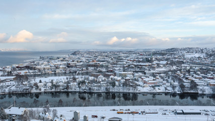 Winter in Trondheim. Aerial view of the downtown, the river Nidelva and Cathedral Nidarosdomen.