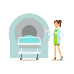 Doctor Standing Next To MRI Magnetic Resonance Machine, Hospital And Healthcare Illustration
