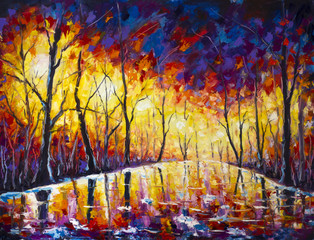Original expressionism oil painting evening park cityscape, beautiful reflection on wet asphalt on canvas. Abstract violet-orange lonely night park. Palette knife artwork. Impressionism. Art. © weris7554