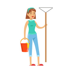 Woman Housewife With Bucket OF Water And Broom Ready To Clean, Classic Household Duty Of Staying-at-home Wife Illustration