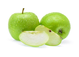 green apple with Drop of water on white background.