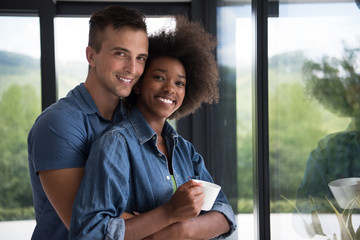 romantic happy young couple relax at modern home indoors