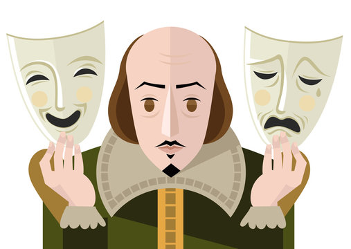 great english playwright with theater sad and happy masks