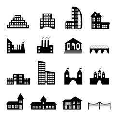 Buildings flat black icons set