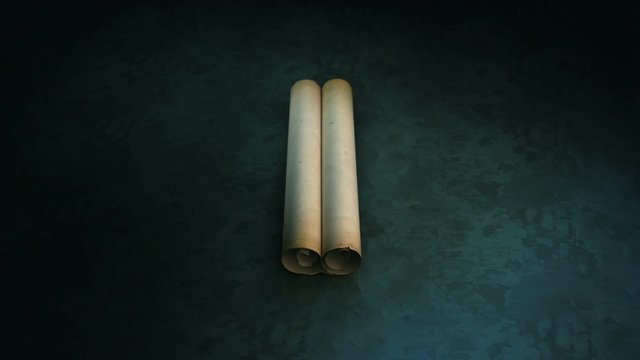 Old scroll rolling out. High quality three old scrolls falling into screen, and rolling out. Chroma Masks and 3D trackers inside for compositing.