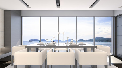 Sea view dining room with luxury table set / 3D Rendering