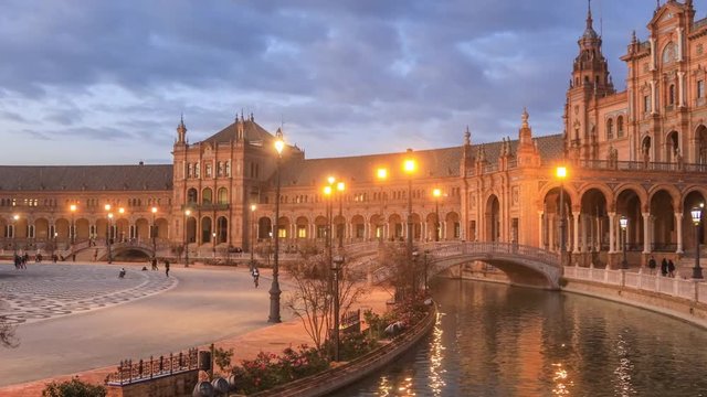 Panorama of Plaza de Espana in the evening in Seville, Andalusia, Spain
