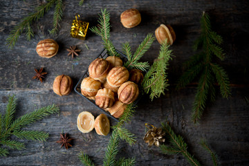 Home-made cookies nutlets with boiled condensed milk by New year and Christmas
