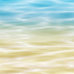 Close up of bright and clear sea water with white sand. Digital generating image.