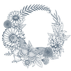 Wreath with hand drawn flowers, leaves and butterfly